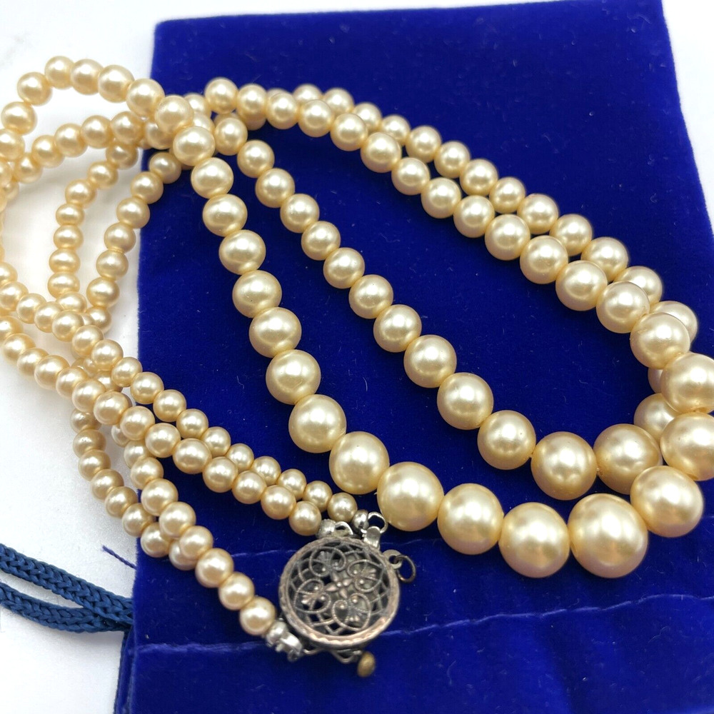 Vintage Graduated 2 Strand Imitation Pearl 14" Necklace Sterling Box Clasp READ